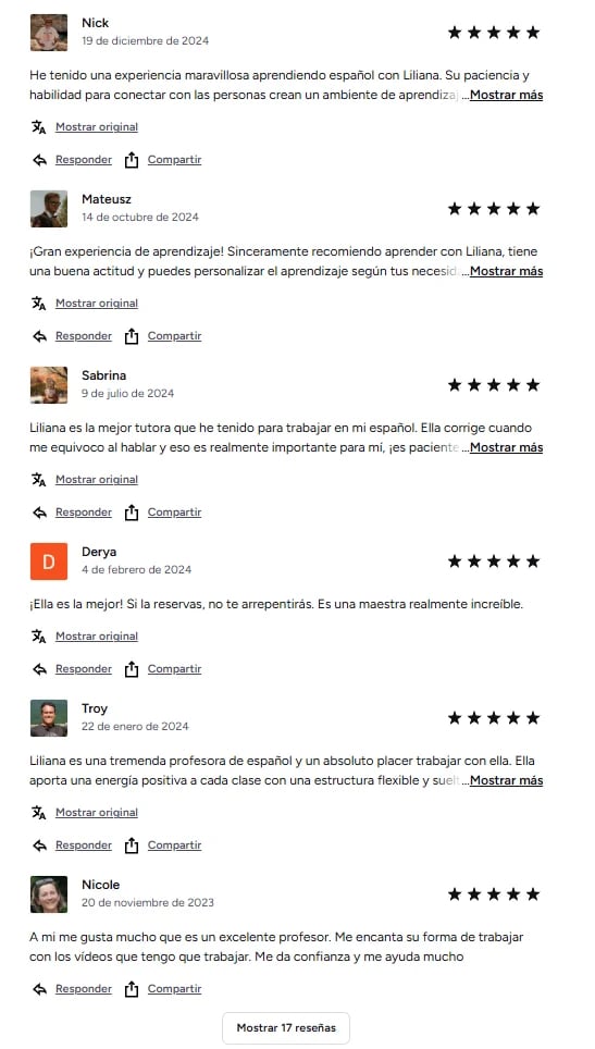 Screenshot of customer reviews for Liliana Spanish tutoring service with five-star ratings and testimonials from students praising her teaching