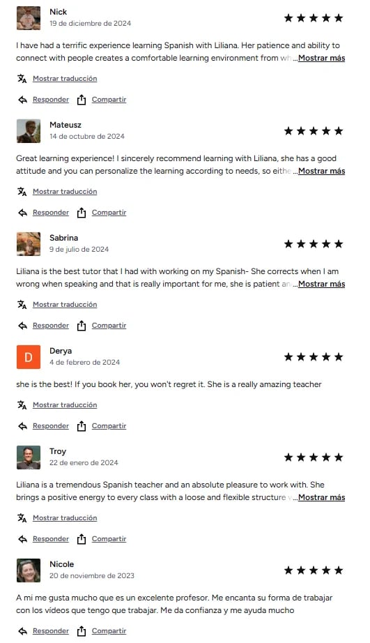 Customer reviews for Spanish tutor Liliana, showing five-star ratings from multiple students praising her teaching quality and approach